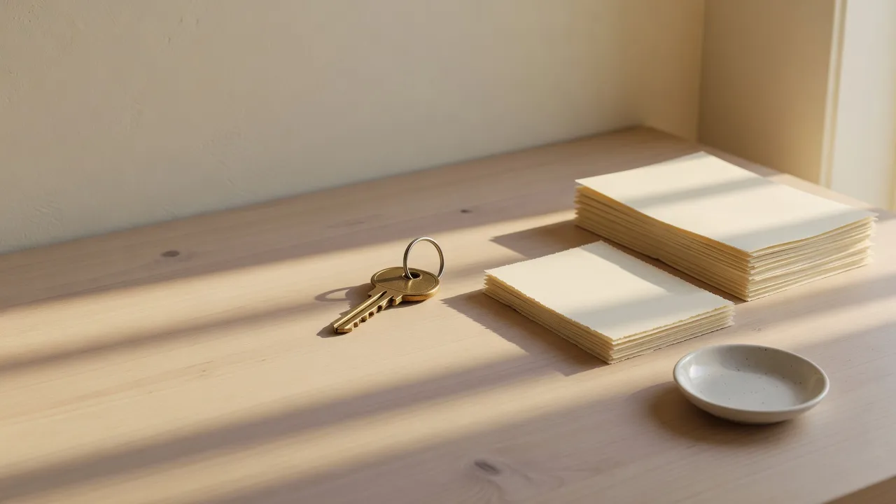 A single house key on a ring beside two separate stacks of blank papers on a wooden table.