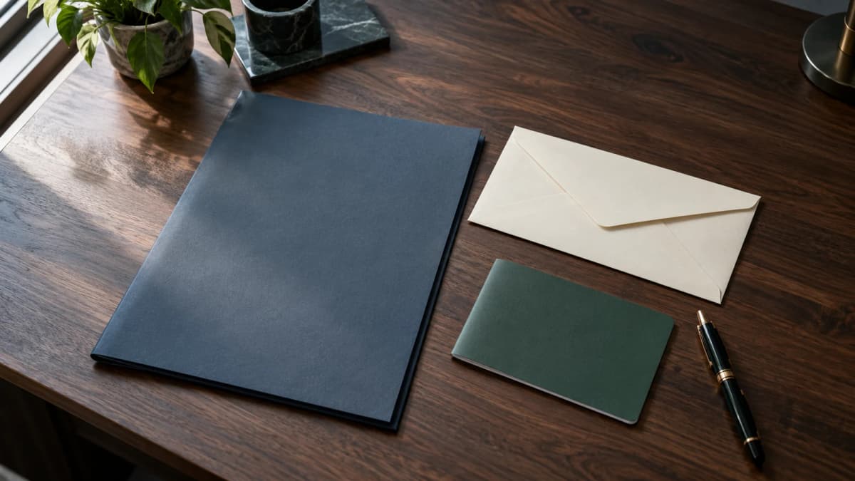 A plain blue folder, cream envelope, closed green booklet and fountain pen on a dark wooden desk.