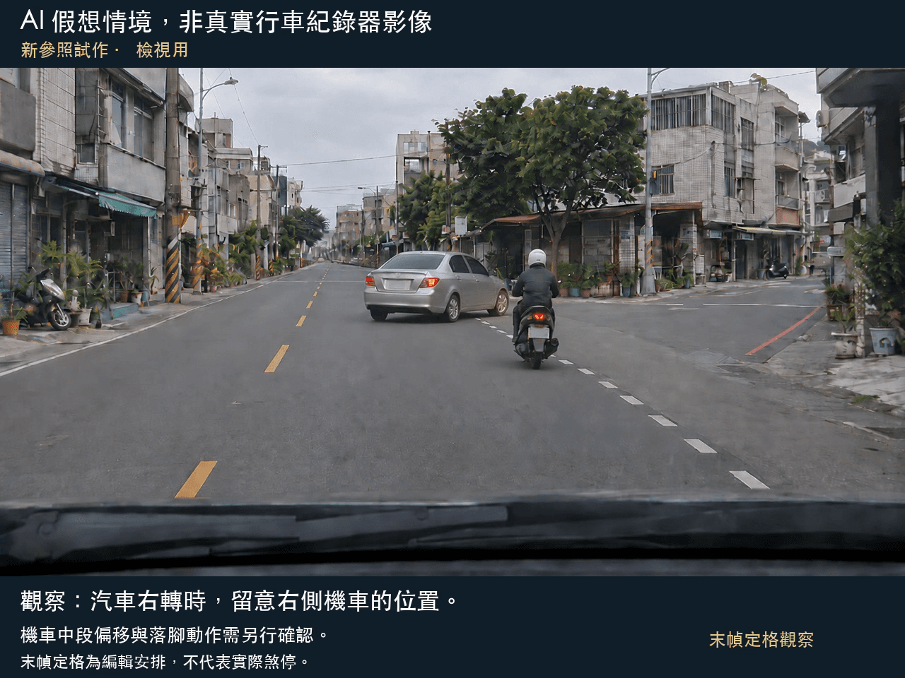 AI 假想影片的末幀:銀色小客車已朝右側轉向,黑色機車與戴白色安全帽的騎士位於其右側,畫面仍可見間隔;此定格不代表實際煞停。